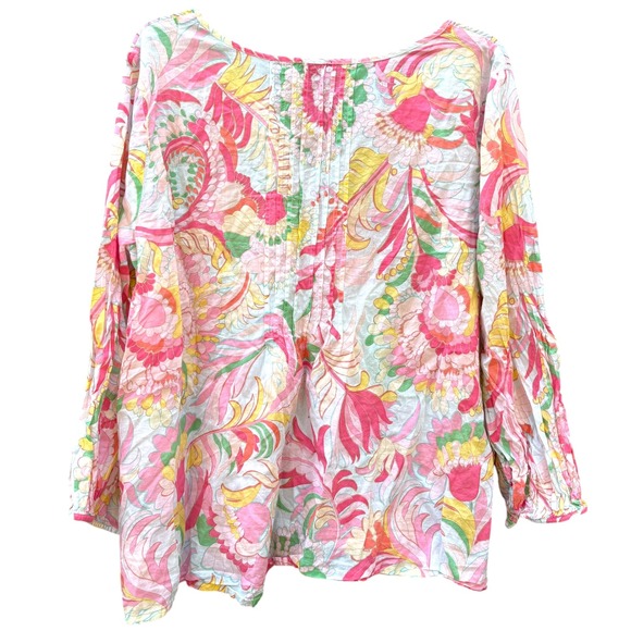 Talbots Womens XL Blouse Pink Yellow Floral Paisley Pintuck Cotton Split Neck - Picture 2 of 9